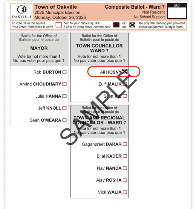 Sample ballot. My name is the 1st under "TOWN COUNCILLOR WARD 7" section.
Just write an x in the box beside...